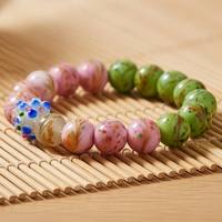Bracelet en perles de verre Liuli rose et vert imitation antique fait main de 12 mm, avec perles florales bleues, bijoux de yoga et de méditation, vente en gros