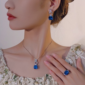 Fashion Elegant Eco-friendly Copper Gold Plated 12*12mm Blue Zircon Pendant <b>Earrings</b> Jewelry <b>Set</b> for Women High Quality - Product Image 6