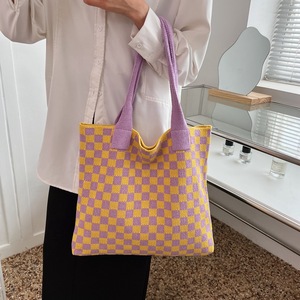 Hot Selling New Checkerboard Knitted <b>Bag</b> Fashionable Large Capacity <b>Tote</b> <b>Bag</b> Polyester Vertical Shoulder <b>Bag</b> - Product Image 4