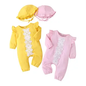 Grosir Dekorasi Renda Baju Bayi Berkualitas Tinggi Katun Rajutan Warna Polos Baju Anak Perempuan Baju Monyet Bayi dengan Kap Mesin