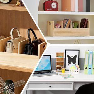 Boîte de rangement en bois compartimentée, rectangulaire, couleur bois naturel, avec cloisons pour organiser sacs, documents et chaussures - Product Image 1