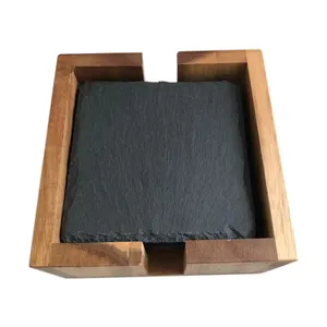 Großhandel benutzer definierte natürliche schwarze quadratische Schiefer Untersetzer Set 6 Stück mit Holz halter