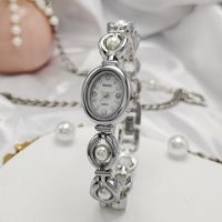 Nouvelle Montre-bracelet à Quartz Ovale Vintage en Acier Inoxydable pour Femme, Bracelet Bijou Mignon, Montres pour Femmes avec Perles
