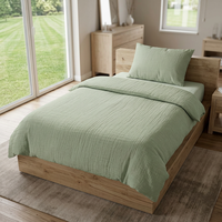 Housse de couette en coton mousseline lavé gris pour lit simple, avec taie d'oreiller vert sauge pour adolescents