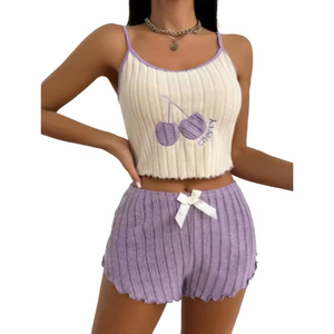 Camisón Transpirable de Verano para <span class=keywords><strong>Mujer</strong></span>, Ropa de Dormir de 2 Piezas, Pijama de Cereza para <span class=keywords><strong>Mujer</strong></span> - Product Image 2