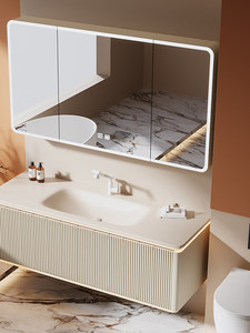 Meuble <span class=keywords><strong>de</strong></span> <span class=keywords><strong>salle</strong></span> <span class=keywords><strong>de</strong></span> <span class=keywords><strong>bain</strong></span> mural intelligent <span class=keywords><strong>avec</strong></span> lavabo intégré en dalle <span class=keywords><strong>de</strong></span> roche, <span class=keywords><strong>miroir</strong></span> et <span class=keywords><strong>rangement</strong></span>, style crème français - Product Image 4