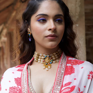 Gold Tone Temple Choker with Earrings Adjustable Indian Ethnic Bridal Wedding Festival Jewelry <b>Statement</b> <b>Necklace</b> Set - Product Image 2