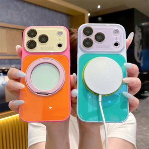 เคสโทรศัพท์แฟชั่นสไตล์ INS สีสันตัดกัน สำหรับ iPhone 18 17 16 Pro Max พร้อมขาตั้งหมุนได้ ฝาหลังกระจกป้องกัน - Product Image 4