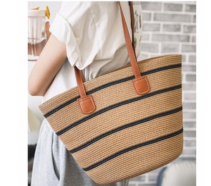 Sac fourre-tout en paille tressée pour femme avec fermeture éclair, grande capacité, sac seau à rayures tendance, sac à bandoulière pour la plage, les voyages et l'usage quotidien - Product Image 4