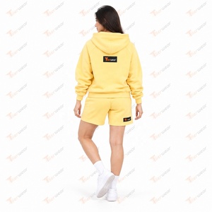 Conjunto de Sudadera con Capucha y Pantalones Cortos para Mujer, Color Amarillo Sólido, Algodón y Felpa, Corte Regular, 2 Piezas, Ropa Deportiva, Transpirable y de Secado Rápido - Product Image 6