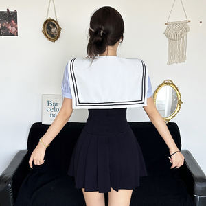 Ensemble haut à manches courtes rayé à col marin de style européen américain avec jupe pour femmes, tenue estivale mignonne en deux pièces - Product Image 6