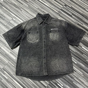 <span class=keywords><strong>Camicia</strong></span> in Denim Jacquard Personalizzabile da <span class=keywords><strong>Uomo</strong></span> Vestibilità Ampia Manica Corta Ricamo Geometrico Lavorato a Maglia Stile High Street 100% Cotone Traspirante - Product Image 1