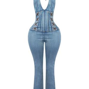 Nouveautés Combinaison en jean vintage sexy sans manches à jambes larges pour femme - Product Image 3