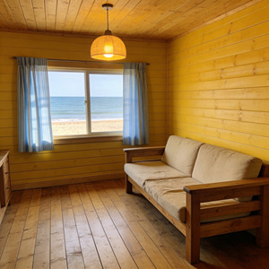 Cabane en rondins de pin préfabriquée de 70 m² avec 2 chambres, maison de <span class=keywords><strong>vacances</strong></span> en bois naturel avec porche ouvert et balcon, maison modulaire en bois pour complexe hôtelier - Product Image 4