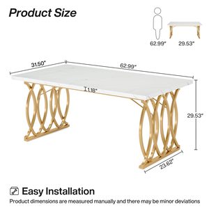 Mesa de Comedor SENYU de Estilo Occidental Moderno, Rectangular, de Lujo, para 4 a 6 Personas, en Blanco y Dorado con Imitación de Mármol, 160 cm - Product Image 3