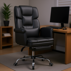 Chaise de bureau de direction pivotante et inclinable en cuir PU avec support lombaire et repose-pieds noir - Product Image 2