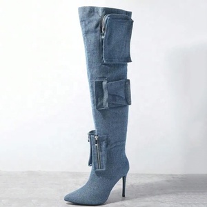 Women's Over Knee High Thin Heels Size 44 Pockets <b>Boots</b> Pointed Toe Camouflage Shoes Stiletto Wide Fit Denim Long Booties - Product Image 5