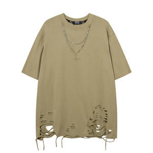 T-shirt X206 pour homme, style hip-hop, délavé, 100% coton, suédé, lourd, surdimensionné, mode streetwear, ample, trous déchirés, tricoté - Product Image 2