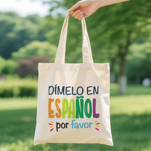 Bolsa de tela colorida con frase en español - Impresión de la frase "Dimeelo en español por favor", bolsa de compras reutilizable, gran capacidad - Product Image 5
