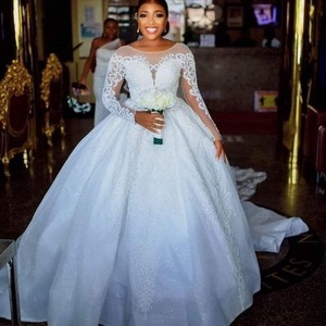 Wedding Dress Long Sleeve V-Neck Tie-Waist Beaded <b>Lace</b> Ball Gown Pure <b>White</b> Ivory <b>White</b> Polyester Fiber Bridal Dress - Product Image 1