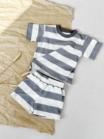 Ensemble T-shirt rayé à manches courtes en tissu peigné polyester/coton style militaire pour garçons et filles Ins