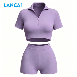 2026 Lancai Women 2 Piece Activewear Set Short Sleeve Zip Crop <b>Jacket</b> Booty Shorts Yoga Gym <b>Workout</b> Fitness Outfit Sportswear - Product Image 2