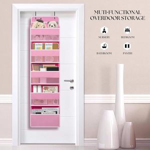 Pink Over Door Organizer 5 Large Clear Pockets 6 Side Mesh Pockets Anti Tilt Hanging Storage For Cosmetics Clothing Toys Snacks - Product Image 3