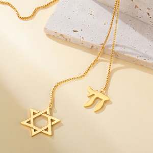 Myshape Collier long en acier inoxydable avec pendentif Étoile de David et <span class=keywords><strong>Chai</strong></span> hébreu juif, Hexagramme, Bijoux de judaïsme - Product Image 5