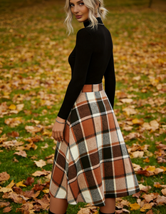 กระโปรงทรงเอพลีทลายตารางสไตล์เรโทรสำหรับฤดูใบไม้ร่วงและฤดูหนาว  ไซส์พลัส  ความยาวระดับเข่า  เอวธรรมชาติ  สำหรับผู้หญิง - Product Image 6