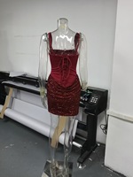 Robe mini femme rouge bordeaux à sequins brillants, col carré, sans manches, ourlet plissé, pour l'été, les soirées et le quotidien, modèle uni, Vestidos