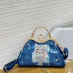กระเป๋าถือผ้ายีนส์แฟชั่นสำหรับผู้หญิงกระเป๋าสะพายไหล่สายเดี่ยวมีเข็มกลัดเพชรรูปนกฮูกและเป็นประกายสำหรับการใช้งานทุกวัน - Product Image 2
