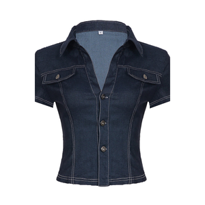Camiseta Corta de Mezclilla para Mujer, Estilo Urbano, Lavado Oscuro, Cuello en V Profundo, Manga Corta, Abotonada, Ajustada - Product Image 4