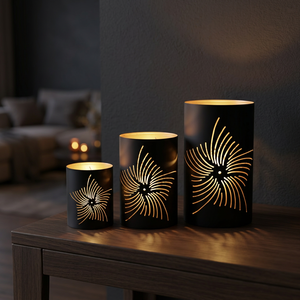 Sonnet Decor – Lot de 3 bougeoirs cylindriques en fer forgé faits à la main, motif floral découpé, résistants à la chaleur, pour décoration intérieure de Noël - Product Image 3