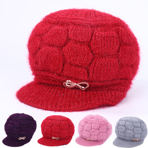 Casquette plate tricotée pour femme, en fil chaud et duveteux, avec nœud décoratif, pour l'extérieur - Product Image 1