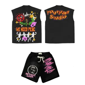 Summer 2023 Sleeveless T-shirt Rhinestones Unisex 2 Pieces Short Set Men's Shorts Sets Screen Print Transfers