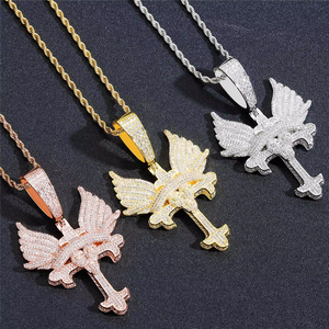 Kalung Liontin Salib Sayap Hip Hop Tibet Desain Baru Grosir, Lapis Perak Tungsten dengan Batu Zirkon - Product Image 2