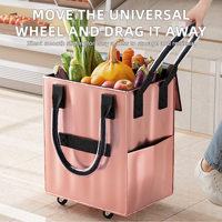 Grand sac de camping pliable réutilisable sur roulettes, chariot de courses à roulettes avec fermeture éclair, poignées pliables pour le marché, les voyages