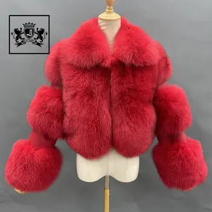 Оптовая продажа, дешевая Дизайнерская куртка из натурального Лисьего меха, женская меховая куртка-бомбер, пальто из красного лисьего меха