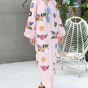 Robe élégante en coton et lin personnalisable, col rond, style décontracté, manches longues, robe midi d'été pour femmes - Product Image 2