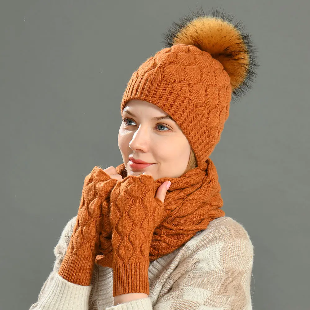 थोक लोकप्रिय गर्म कश्मीरी बुना हुआ 3 टुकड़े Beanie सेट महिलाओं कस्टम सर्दियों Beanie टोपी दुपट्टा दस्ताने सेट
