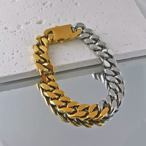 สร้อยข้อมือผู้ชายสแตนเลสสตีลสองสีแบบคิวบา ชุบทอง 18K สไตล์ฮิปฮอป หนา  ของขวัญเครื่องประดับ - Product Image 1
