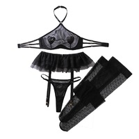 Set Lingerie Tiga Potong Halter Jaring Transparan Seksi untuk Wanita, 3 Buah Bra dan Celana Dalam Transparan dengan Stoking, Pakaian Tidur Eksotis