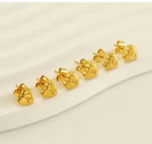 Custom Small Gold Letter Stud Earrings Stainless Steel 18k Gold Waterproof Mini Chunky Heart Studs