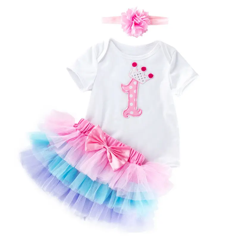 Roupas de bebê baby's aniversário, roupas de bebê recém-nascido, macacão fofinho, saia de tule, 3 peças, segunda roupa de aniversário, menina DGHB-016