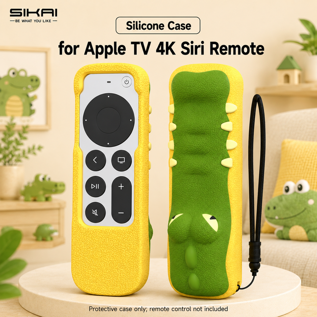SIKAI Cute Crocodile Silicone Case for Apple TV 4K Siri Remote 2nd 3rd Gen Anti-Slip Cover with Lanyard for Kids Family Home