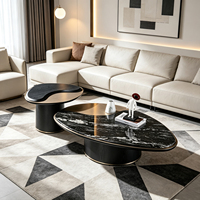 Table basse ovale en noyer avec plateau en pierre noire de luxe, style minimaliste italien, ensemble de meubles de salon, décoration d'intérieur antique