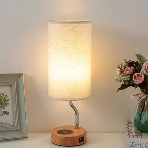 Bedside Table Lamp with Wireless Charger USB Port Touch Control LED Desk Lamp for Bedroom 3 Way Dimmable Wooden Nightstand Lam