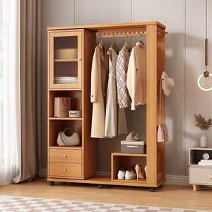 Perchero de madera maciza con espejo de cuerpo entero, estante multifuncional con cajón y espacio para colgar, ideal para dormitorio. - Product Image 3