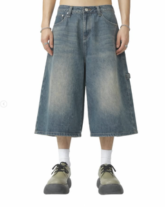 <span class=keywords><strong>Jeans</strong></span> Capri da Uomo Vintage <span class=keywords><strong>Grigio</strong></span> Sbiadito a Gamba Larga, Denim Sfumato Lavato, Jorts Streetwear Baggy a Lunghezza Corta - Product Image 3