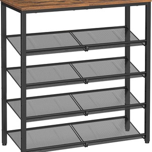 Adjustable Shoe Rack With Wooden Top And Metal Mesh Shelves For Entryway Storage Four Tier Design - Product Image 1